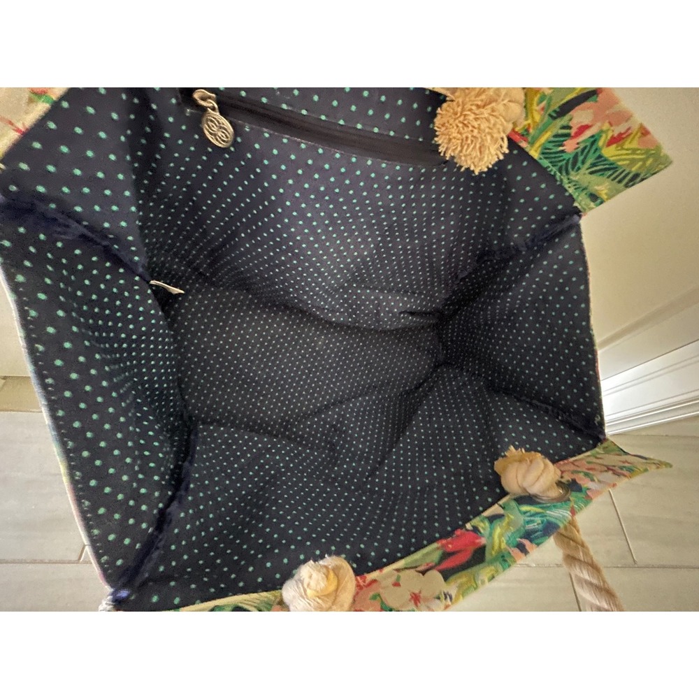 Tropical Floral Canvas Tote Bag with Rope Handles and Polka Dot Lining - Picture 3 of 5